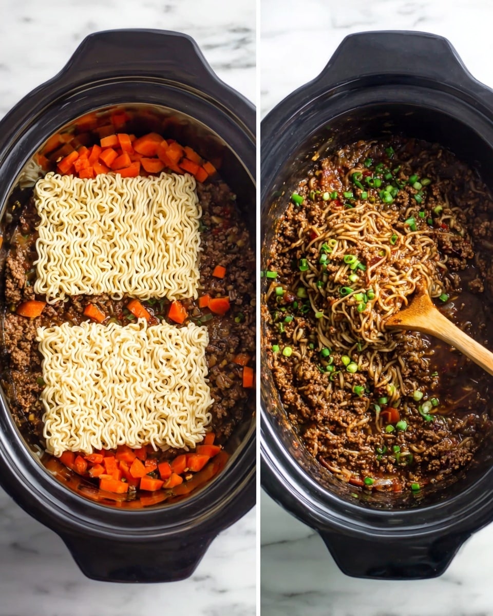The image shows two side-by-side views inside a black slow cooker placed on a white marbled surface. On the left, two square blocks of uncooked ramen noodles with a pale yellow color sit side by side on top of a dark brown mixture of cooked ground meat and sliced carrots, creating a layered look with noodles on top and the meat and vegetables beneath. On the right, the noodles and meat mixture is fully combined and cooked into a dark brown, saucy noodle dish speckled with finely chopped green onions on top, with a wooden spoon lifting some of the noodles. The contrast between the raw noodle blocks and the cooked noodle dish shows the cooking process clearly. Photo taken with an iphone --ar 4:5 --v 7