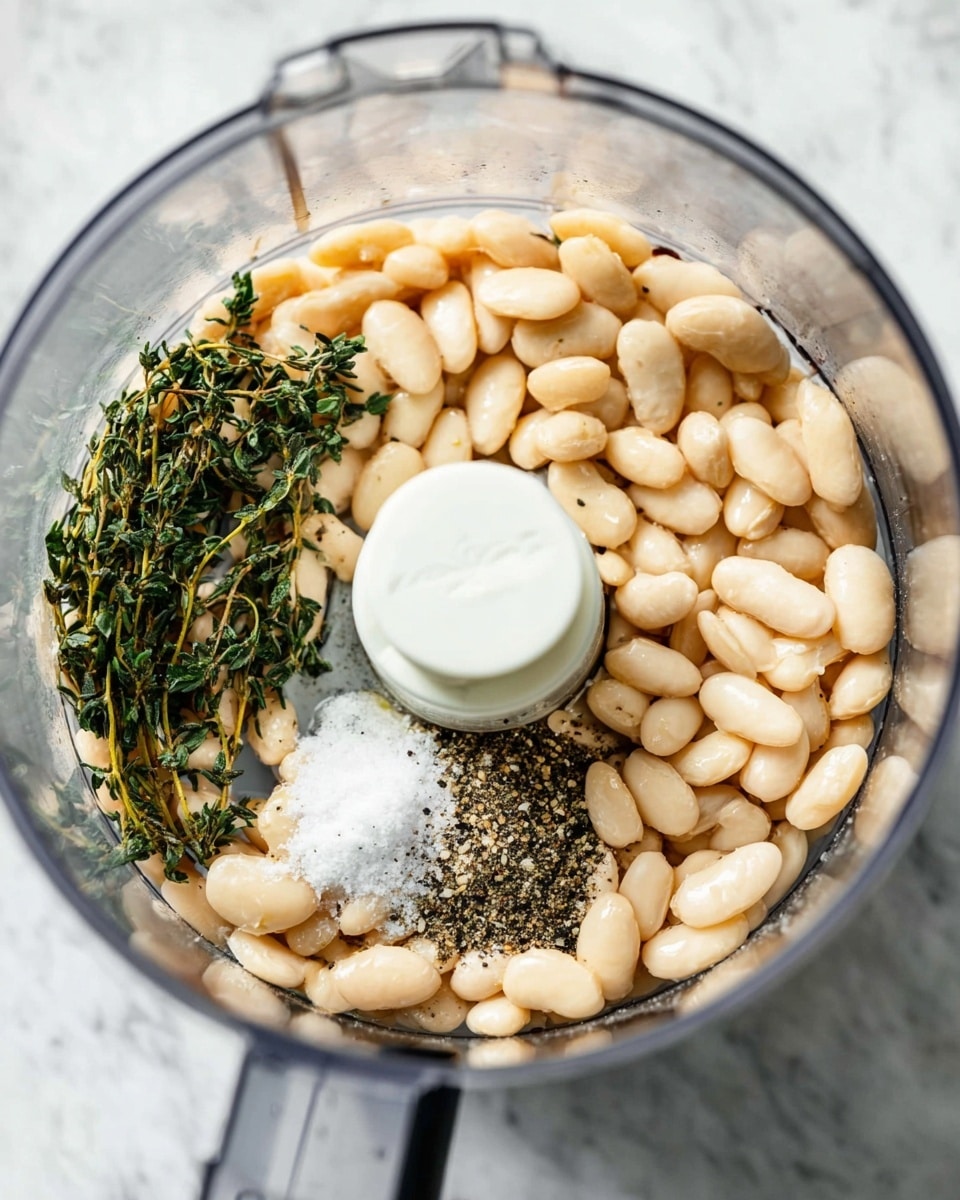 A clear food processor bowl filled mostly with light beige white beans, with small green thyme leaves on the left side, a small pile of white granulated salt below the thyme, and a small heap of black pepper next to the salt. The bowl sits on a white marbled surface. The center of the food processor has a white plastic blade holder visible, and the beans have a smooth, slightly wet texture photo taken with an iphone --ar 4:5 --v 7