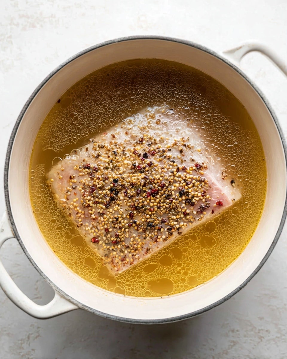 A white pot filled with light golden broth holds a large piece of raw meat submerged mostly under the liquid. The meat is topped with a mix of small, round mustard seeds and dark spice flakes scattered unevenly across its pale surface. Tiny bubbles float on the broth's surface, showing a slight shimmer, and the pot sits on a white marbled background. Photo taken with an iphone --ar 4:5 --v 7