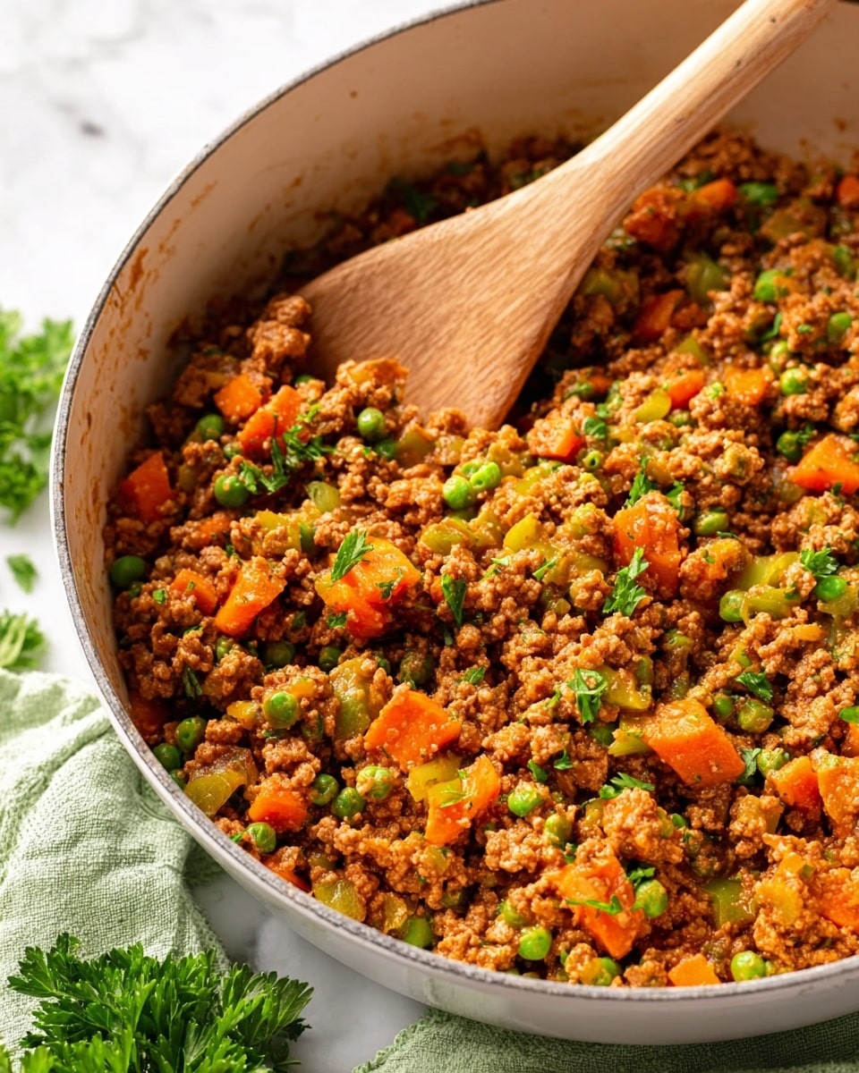 A close-up image showing a white pot filled with cooked minced meat mixed with bright orange carrot pieces, green peas, and chopped celery. The dish has a hearty, textured look with small pieces evenly spread throughout. A wooden spoon is partially submerged in the food, stirring the mixture. The pot sits on a white marbled surface with a green cloth underneath, and fresh parsley is visible near the pot edges. The colors are warm and vibrant, with the contrast between the orange, green, and brown making the dish look fresh and appetizing. photo taken with an iphone --ar 4:5 --v 7