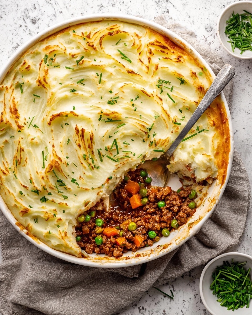 A round white pan filled with a creamy mashed potato layer that is swirled and browned on top, sprinkled evenly with small, fresh green chive pieces. The dish rests on a dark green cloth with a sprig of parsley and a small white bowl of chopped green beans nearby, all placed on a white marbled surface. The mashed potatoes have smooth, soft peaks with light golden spots where they have baked. Photo taken with an iphone --ar 4:5 --v 7