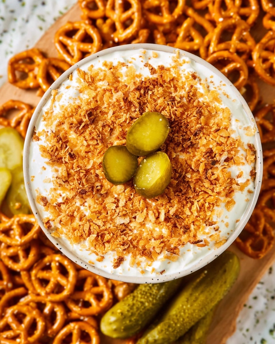 A close-up shows a woman's hand holding an orange pretzel cracker topped with a thick layer of creamy white cheese, small light green pickle pieces, and a sprinkling of golden brown crumbs. In the background, there is a white bowl filled with more of the creamy cheese mixture, also topped with crumbs, sitting on a white marbled surface. More pretzel crackers and whole pickles blur softly around the bowl, adding warm orange and green tones to the image. The photo taken with an iphone --ar 4:5 --v 7