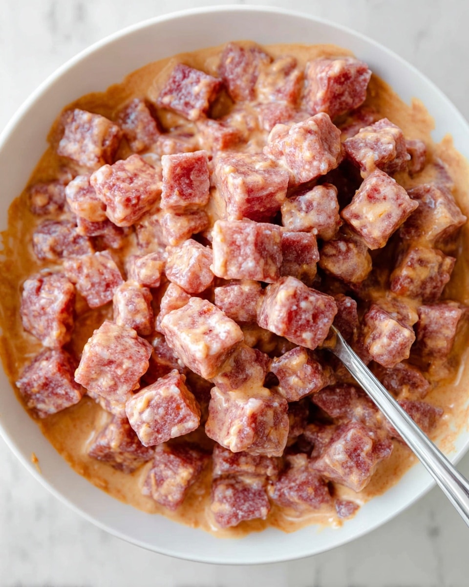 The image shows a close-up of many small pinkish-red cubes coated evenly in a creamy light orange sauce inside a white bowl. The cubes have a slightly rough texture and look fresh. A silver spoon is partly buried among the cubes, also covered with the sauce, resting in the bowl. The bowl is placed on a white marbled surface. photo taken with an iphone --ar 4:5 --v 7