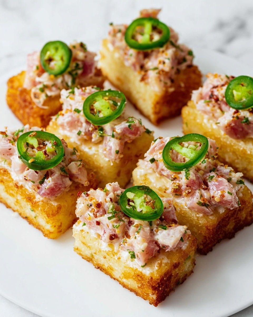The image shows several rectangular pieces of golden, crispy rice cakes arranged neatly on a white plate. Each rice cake has a thick, creamy mixture on top made of small pink chunks mixed with white sauce and tiny bits of herbs and spices. On the very top of each, there is a thin green slice of jalapeño pepper, adding a fresh pop of color. The plate sits on a white marbled surface, adding brightness and a clean look to the presentation. photo taken with an iphone --ar 4:5 --v 7