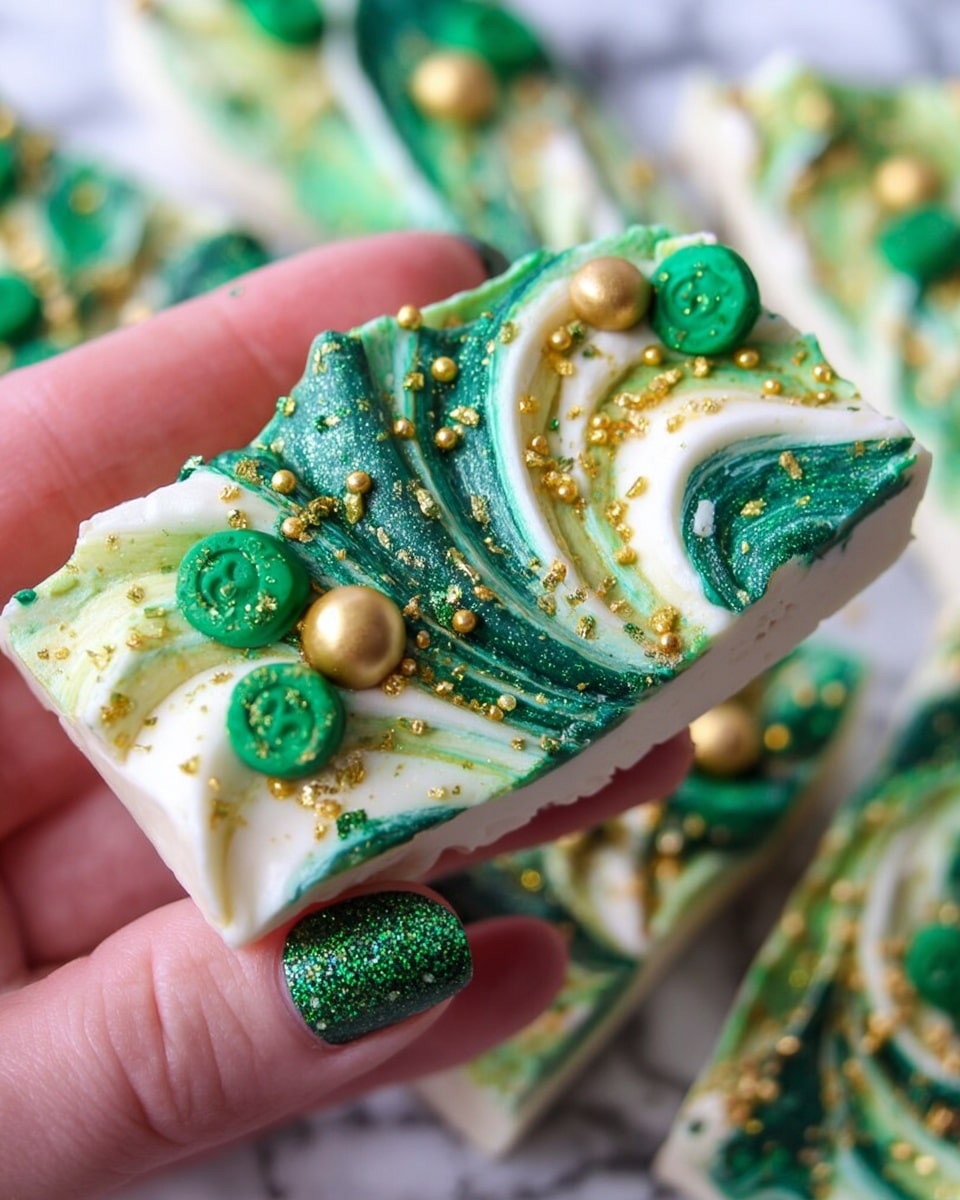 A close-up of a piece of bark-shaped candy held by a woman's hand with green glitter and star nail polish. The candy has a white base layer with swirls of dark green and light green frosting on top, decorated with golden sprinkles and small golden balls scattered across, along with two large green candy buttons on one side. Other similar pieces of the candy can be seen blurred in the white marbled background. photo taken with an iphone --ar 4:5 --v 7