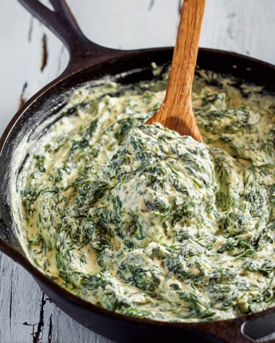 A black cast iron skillet filled with a creamy spinach mixture, light green and white in color, with a soft and thick texture. A wooden spoon is dipping into the mixture, lifting a scoop from the pan. The skillet is placed on a white marbled surface that has faint gray veins, creating a clean and bright background. The creamy spinach looks fresh with small bits of dark green spinach visible throughout the mixture. photo taken with an iphone --ar 4:5 --v 7