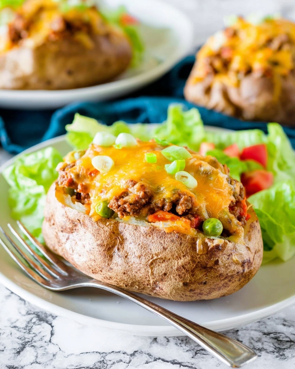 A large baked potato with a rough, brown skin sits on a white plate with a white marbled surface in the background. The potato is opened on top to reveal four layers: the bottom layer is soft potato flesh; the second layer consists of mixed green peas and orange carrot pieces; the third layer is a generous amount of cooked ground meat with a brown, crumbly texture; and the top layer is melted yellow cheddar cheese that stretches over the filling and drips slightly down the sides. There is a small portion of green lettuce and sliced red tomatoes on the side of the plate, with a silver fork resting nearby. Photo taken with an iphone --ar 4:5 --v 7