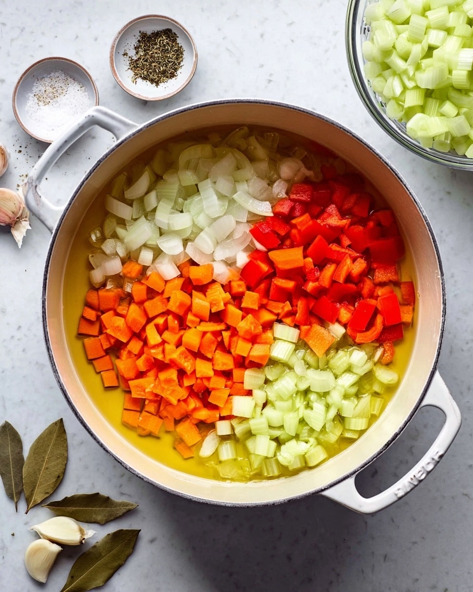 A white pot contains four groups of chopped vegetables arranged in separate sections: white onion pieces at the top right, bright orange carrot chunks in the middle, red bell pepper pieces at the right, and light green celery pieces at the bottom. The vegetables sit in a pool of yellow oil, showing a shiny texture. Around the pot on a white marbled surface are three small white dishes with garlic, dried herbs and a bay leaf, and salt mixed with black pepper. A glass measuring cup filled with sliced light green vegetables is partially visible at the top right corner. photo taken with an iphone --ar 4:5 --v 7