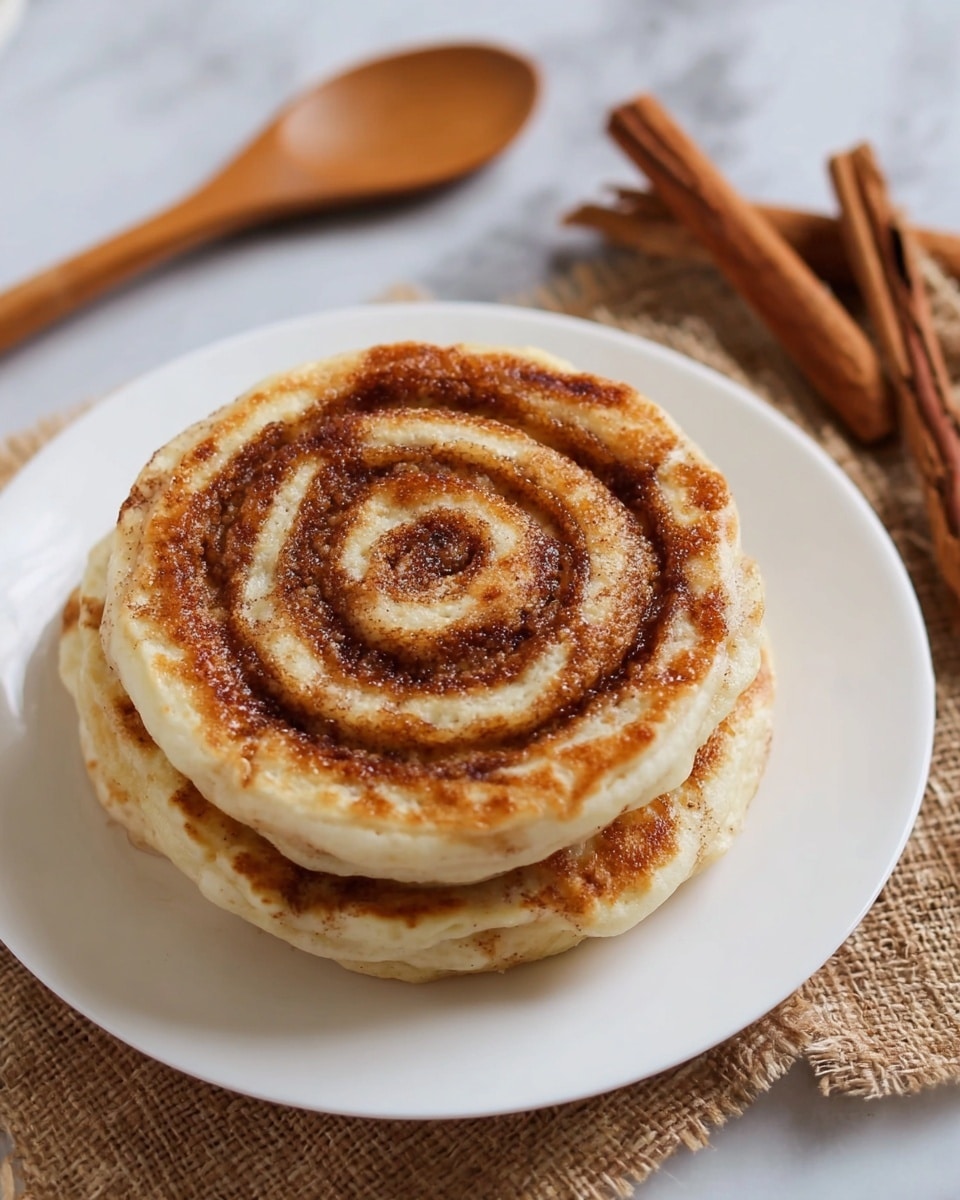 A stack of three round cinnamon pancakes with a golden-brown spiral pattern on top sits on a white plate. The pancakes have a soft and slightly fluffy texture with the cinnamon swirl clearly visible on the upper surface of each. The plate rests on a white marbled surface, next to a wooden spoon and two cinnamon sticks. The photo is taken with an iphone --ar 4:5 --v 7