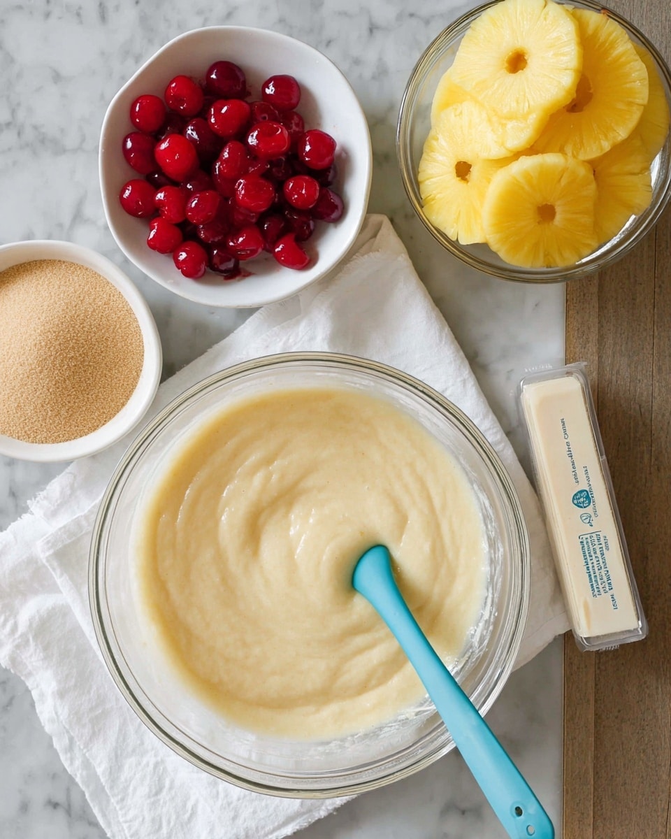A clear glass bowl filled with smooth, pale yellow batter, with a blue spatula resting inside, sits on a white cloth over a white marbled surface. Above the bowl, a small white bowl with light brown sugar and another small white bowl filled with bright red cherries are placed next to each other. To the right, a clear glass bowl contains several yellow pineapple rings stacked neatly. A rectangular stick of wrapped butter lies beside the bowls. photo taken with an iphone --ar 4:5 --v 7
