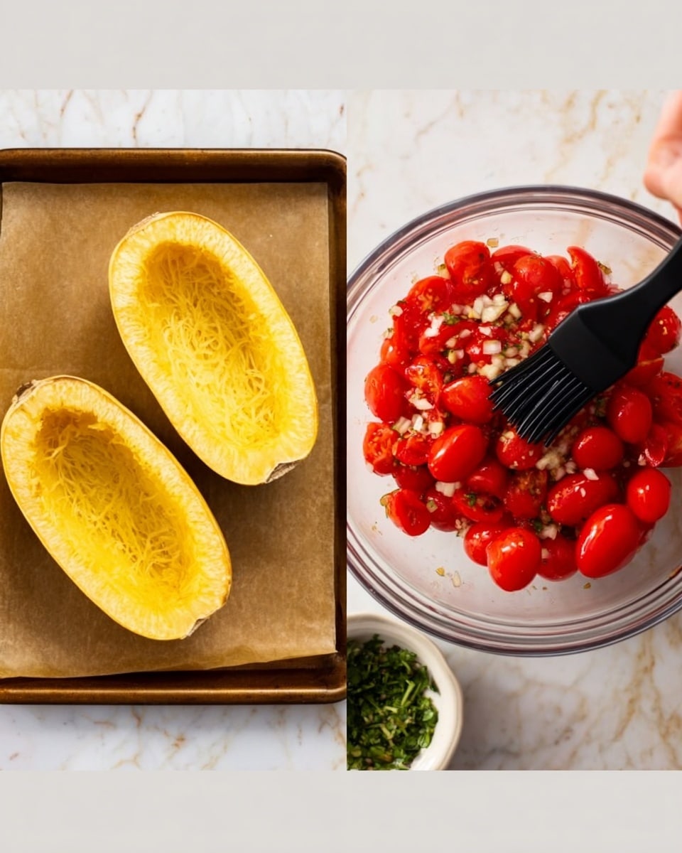 The image shows two close-up views side by side on a white marbled surface. On the left, there are two spaghetti squash halves, hollowed out and placed on brown parchment paper on a baking tray. A black brush is held by a woman's hand, brushing the inside of the squash, which has a light yellow color with a slightly textured surface. On the right, there is a clear glass bowl filled with whole red cherry tomatoes, minced garlic, and small bits of chopped onion mixed together. A black spoon is resting inside the bowl, slightly stirring the ingredients. Below the bowl, a small white dish with chopped green herbs is partially visible. Photo taken with an iphone --ar 4:5 --v 7