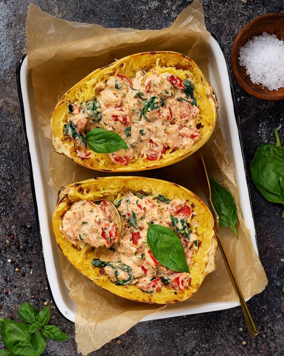 Two halves of roasted spaghetti squash sit side by side in a white rectangular tray lined with brown parchment paper. Each half is filled with a creamy mixture that has a light pink color with visible chunks of red tomatoes and dark green spinach leaves mixed in. The yellow strands of spaghetti squash create the base layer, with the creamy filling generously spread on top. Fresh green basil leaves are placed on top for garnish. A gold spoon is scooping into one half. The tray is set on a dark stone surface with some coarse salt in a small brown bowl nearby, and a few loose spinach leaves scattered around. Photo taken with an iphone --ar 4:5 --v 7