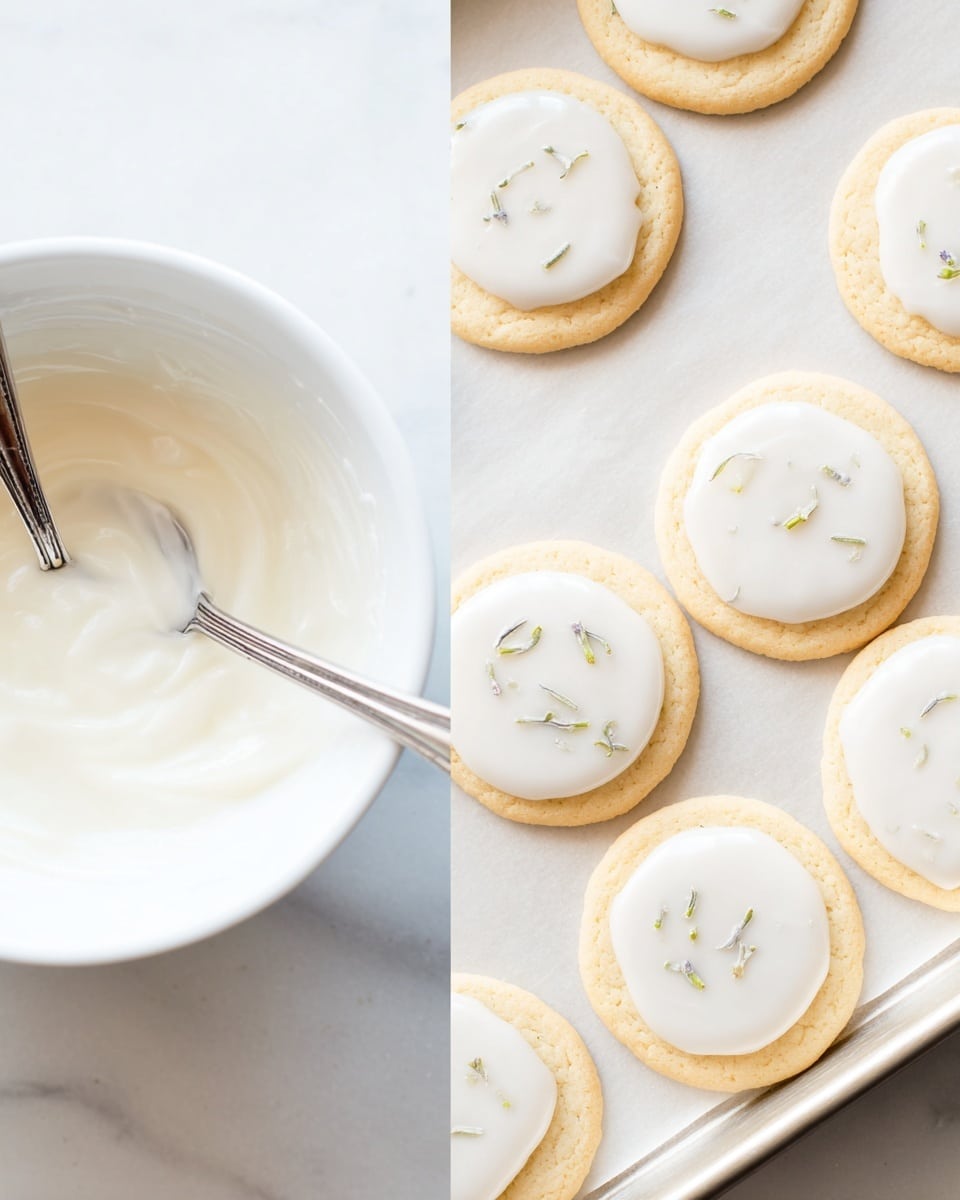A white bowl filled with smooth, creamy white icing sits on a white marbled surface, with a silver spoon inside the bowl. Next to it is a baking sheet on top of the same white marbled surface, holding round cookies arranged evenly. Each cookie has a light golden base layer, with a smooth, shiny white icing spread evenly on top, and small bits of green herbs sprinkled in the center of the icing. photo taken with an iphone --ar 4:5 --v 7