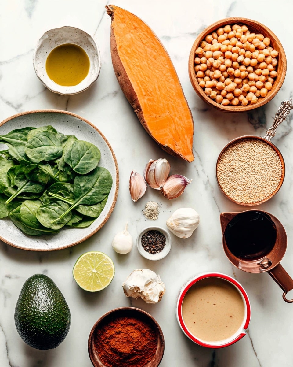The image shows an arrangement of cooking ingredients on a white marbled surface. In the center, there is a long orange sweet potato half lying vertically. To its right, a wooden bowl filled with light brown chickpeas sits above a small beige bowl with a grainy texture, possibly barley or another grain. Nearby, a whole dark green avocado and a whole white onion are placed. To the left of the sweet potato, a white plate holds fresh green spinach leaves. Above the sweet potato, there is a white round plate holding several items: a small wooden bowl with three different spices in shades of brown and beige, two peeled garlic cloves, a white spoon with ground black pepper, half a lime, and a small ceramic bowl with olive oil. Around the edges, a dark brown bowl with a dark red chili paste and a red-rimmed bowl with a creamy beige liquid, alongside a copper measuring cup with a dark liquid, complete the set. Each ingredient is distinct with clear, natural colors, set neatly against the clean white marbled background photo taken with an iphone --ar 4:5 --v 7
