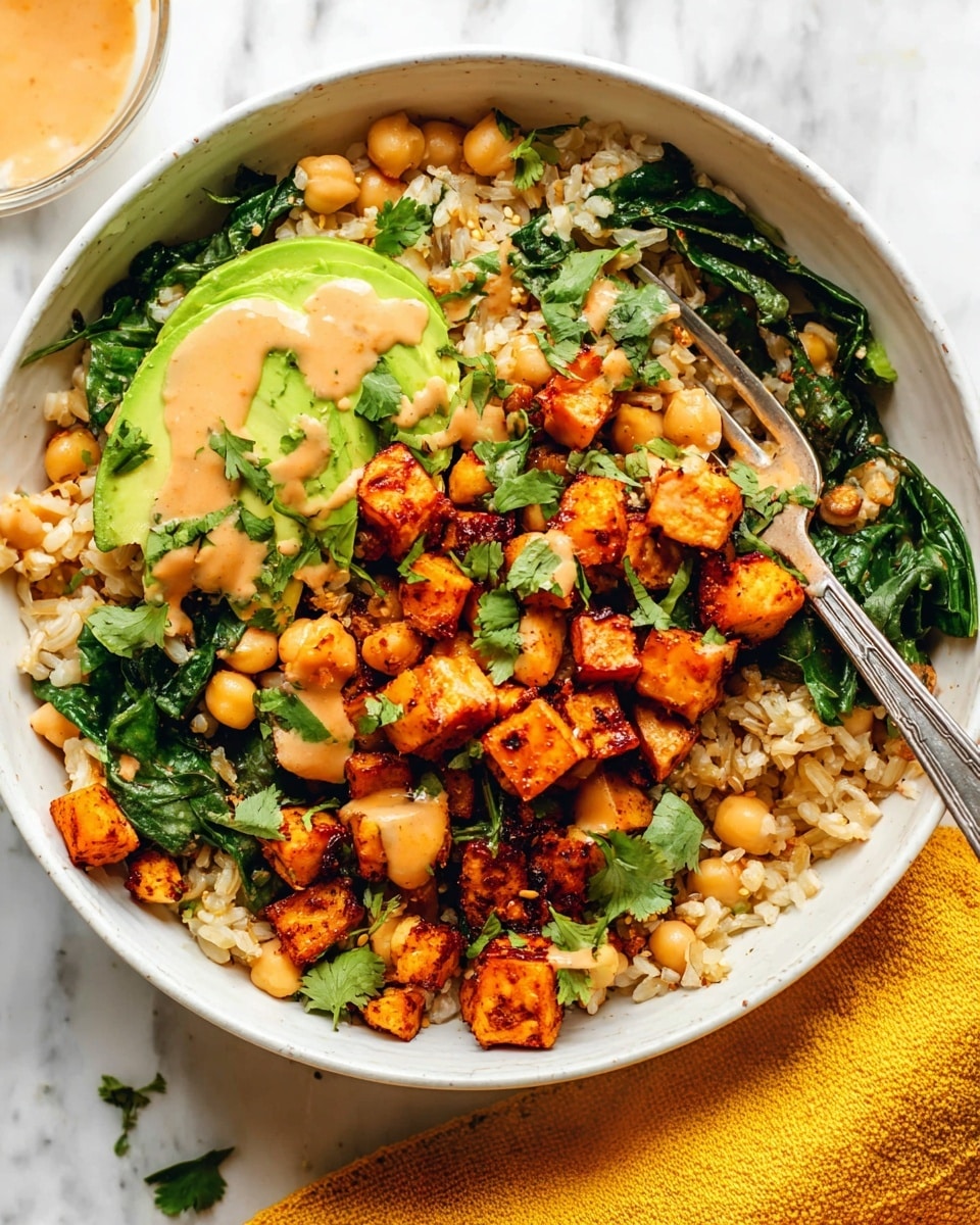 A white bowl holds a layered dish starting with a base of cooked rice mixed with chickpeas and wilted dark green spinach leaves. Scattered on top are browned, cubed pieces of roasted orange sweet potato, with small bright green cilantro leaves sprinkled evenly. On one side, avocado slices sit with a creamy, light orange sauce drizzled over the whole bowl, adding a smooth texture. A shiny metal fork is placed inside the bowl, resting on the edge. The bowl is set on a white marbled surface with a yellow cloth napkin nearby. Photo taken with an iphone --ar 4:5 --v 7