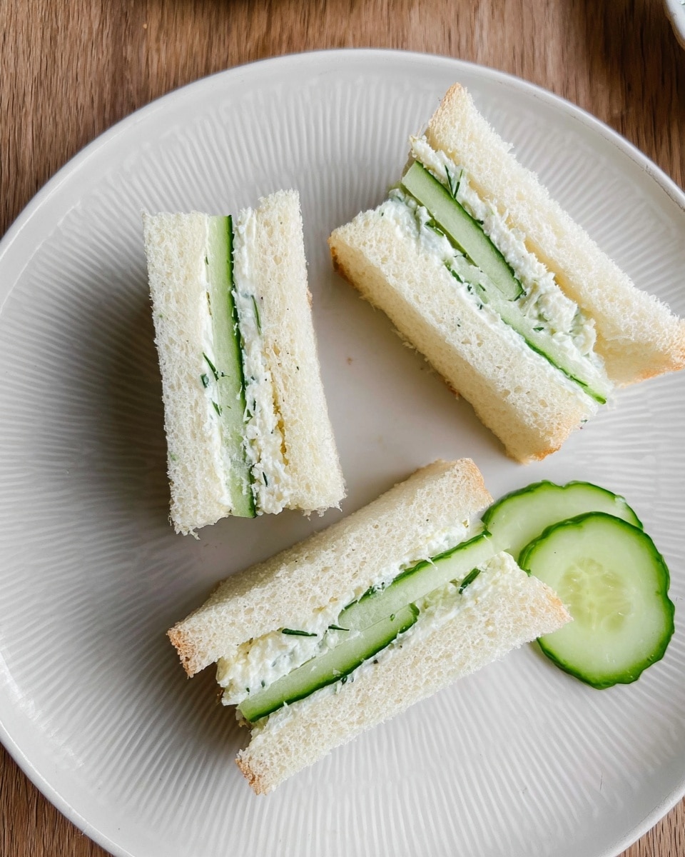 Three small rectangular sandwiches with white crustless bread are arranged on a white plate with a subtle textured design. Each sandwich has two layers: a thin, pale green layer of cucumber slices and a creamy white spread with bits of herbs inside. Two cucumber slices lay on the plate near the sandwiches. The plate sits on a wooden surface. photo taken with an iphone --ar 4:5 --v 7