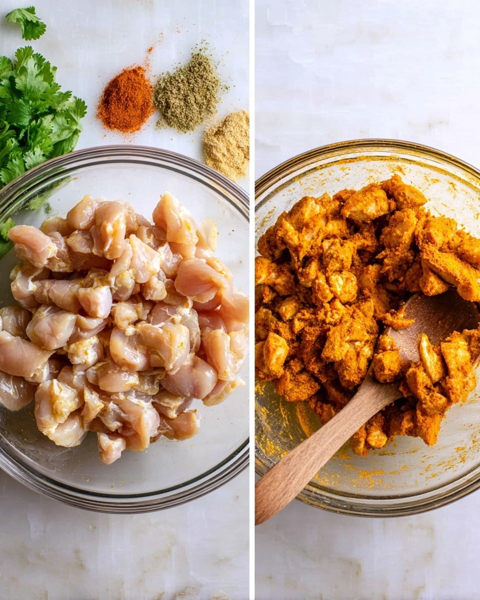 The image shows two clear glass bowls on a white marbled surface. The bowl on the left has one layer of small pieces of raw chicken that are pale pink and chunky in texture, with some spice powders in small piles nearby and a bunch of green cilantro to the side. The bowl on the right contains one layer of the same chicken, now fully covered in a bright orange spice mix, giving it a rough and uneven texture, with a wooden spoon resting inside the bowl. Photo taken with an iphone --ar 4:5 --v 7