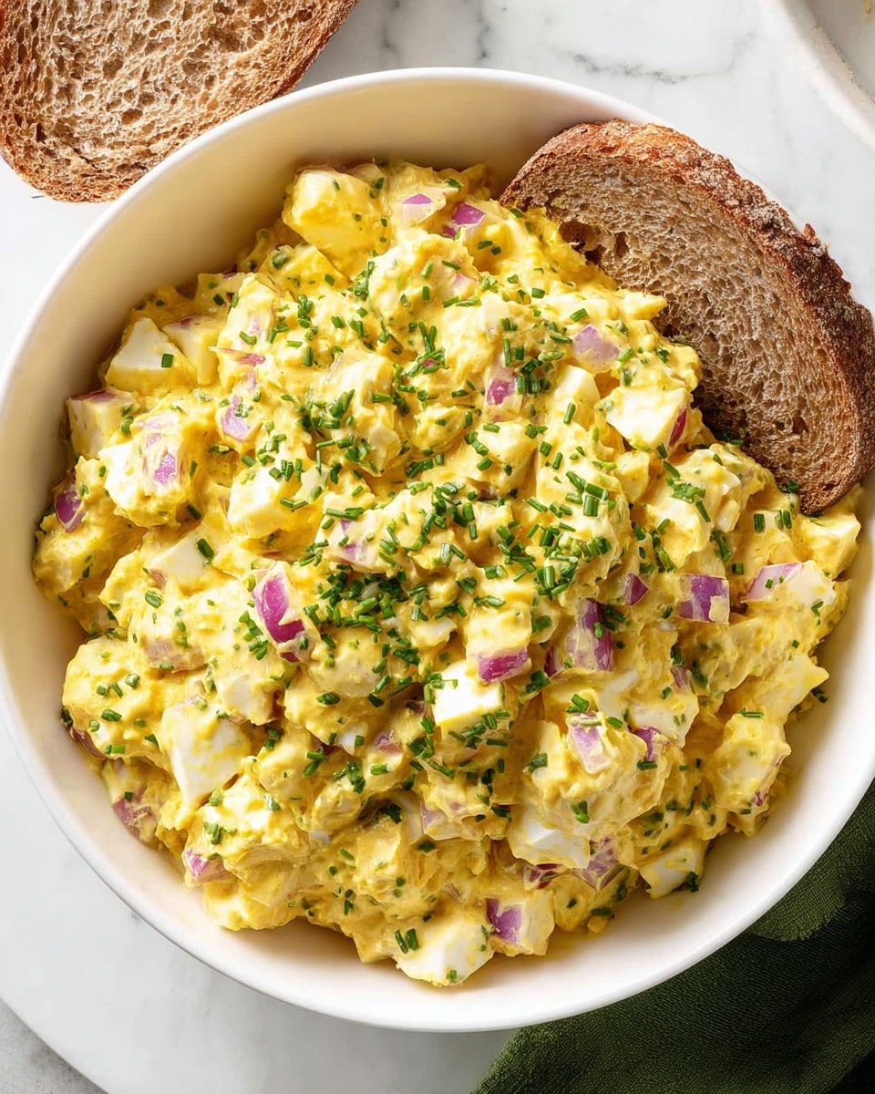 A white bowl filled with a chunky yellow egg salad mixed with small pieces of white egg, finely chopped purple-red onion, and green chives sprinkled on top. The texture looks creamy with some visible herbs and small egg chunks. A piece of crusty brown bread rests on the edge of the bowl. The bowl is placed on a white marbled surface with a green cloth partially visible near the bottom right. Photo taken with an iphone --ar 4:5 --v 7