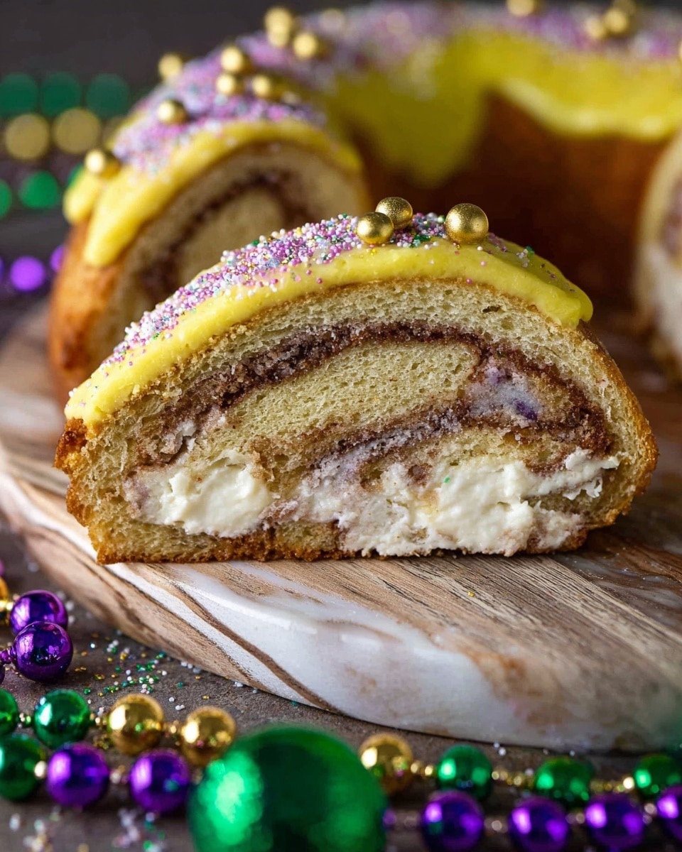 The image shows a close-up of a sliced ring-shaped cake with two visible layers of light brown dough swirled with darker lines, indicating cinnamon or spice filling. Inside the cake, there is a thick layer of creamy white filling. The top of the cake is covered with bright yellow icing decorated with small gold balls and purple and pink sprinkles. The cake sits on a wooden board with a white marbled texture beneath, surrounded by festive green, purple, and gold beads. Photo taken with an iphone --ar 4:5 --v 7