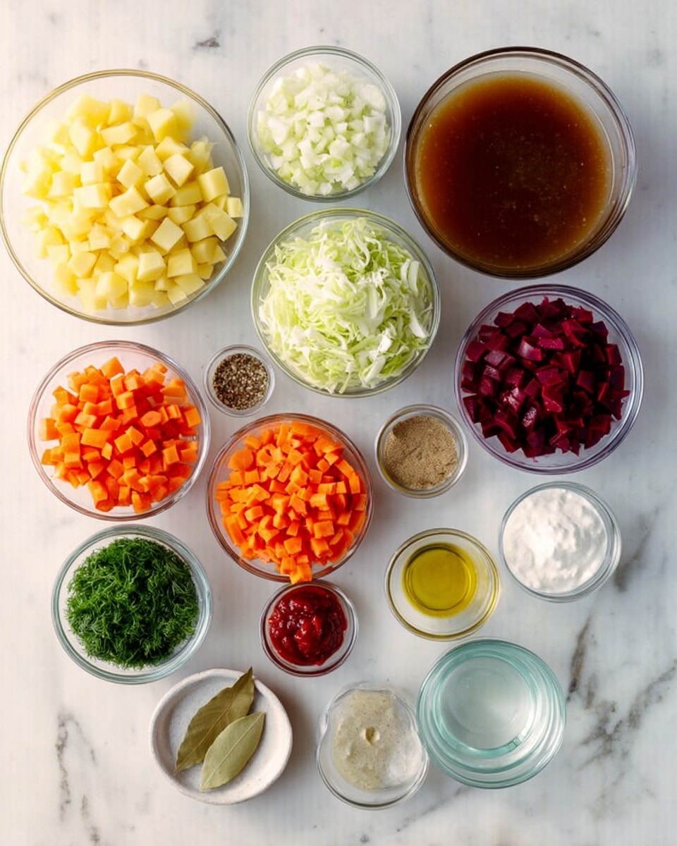 The image shows many clear glass bowls arranged on a white marbled surface, each holding different chopped ingredients for cooking. There are large bowls filled with light yellow diced potatoes, finely chopped white onions, diced orange carrots, shredded pale green cabbage, and diced deep red beets. A large glass bowl on the right side holds brown broth. Smaller bowls contain finely chopped green celery, fresh green dill, smooth red tomato paste, and thick white sour cream. Tiny bowls hold olive oil, salt, black pepper, a bay leaf, and clear water. The bowls and ingredients are neatly spread out, showing fresh and colorful raw vegetables and cooking supplies. Photo taken with an iphone --ar 4:5 --v 7