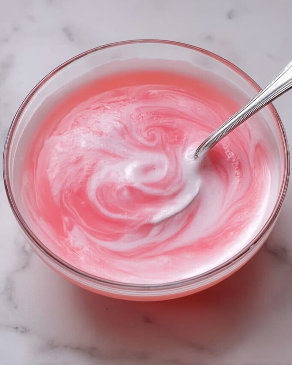 A clear glass bowl filled with a smooth, pink frothy liquid that mixes light and darker shades of pink, showing gentle swirls on the surface. A metal spoon is partially dipped into the liquid, creating ripples and waves. The bowl sits on a white marbled surface, reflecting soft natural light, with the transparent sides showing the pink liquid inside. photo taken with an iphone --ar 4:5 --v 7
