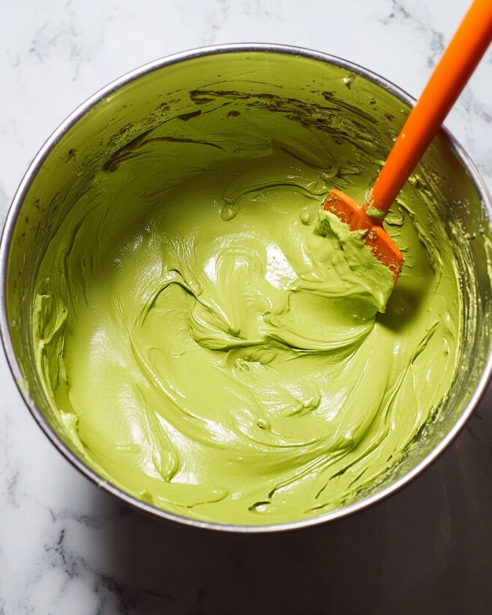 A shiny metal bowl filled with smooth, thick green batter with a creamy texture. The batter covers most of the inside of the bowl and has some small darker green specks inside. An orange spatula is inside the bowl, partially covered by the batter and resting on the side. The bowl is placed on a white marbled surface photo taken with an iphone --ar 4:5 --v 7