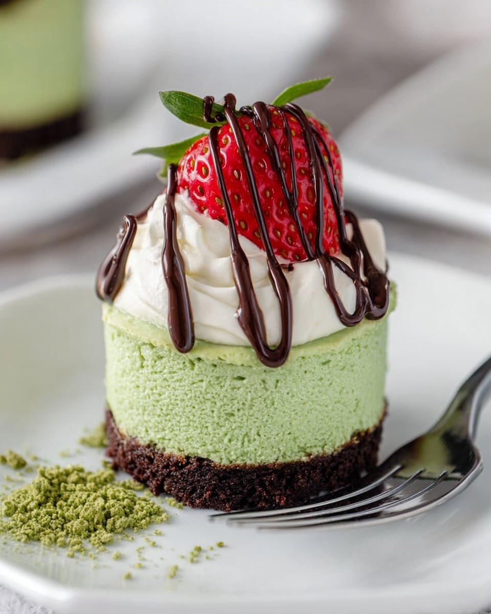 A small round dessert with three layers is shown on a white plate with a white marbled texture background. The bottom layer is a dark, crumbly crust, the middle layer is thick and bright green with a soft, airy texture, and the top layer is smooth and light green. On top of the dessert sits a whole strawberry mostly covered in white cream, which is decorated with thin drizzles of dark chocolate sauce. A fork lies next to the dessert on the plate with some green crumbs nearby. Photo taken with an iphone --ar 4:5 --v 7