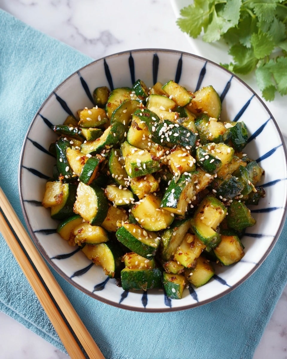 A white patterned bowl filled with small, uneven chunks of cooked zucchini showing green skin and soft yellow inside, stir-fried and lightly browned, sprinkled with white sesame seeds. The bowl is placed on a soft blue cloth on a white marbled surface, with a pair of bamboo chopsticks laying on the cloth to the left and a small bunch of green cilantro on the top right corner. photo taken with an iphone --ar 4:5 --v 7
