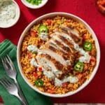 Spicy Peruvian Chicken and Loaded Rice with Pickled Jalapeño & Creamy Salsa Verde Recipe