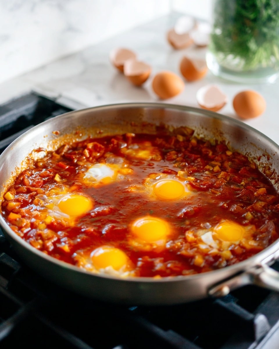 A silver frying pan filled with a thick red tomato sauce that has chunks of vegetables, with seven raw eggs cracked on top showing bright yellow yolks and some white parts starting to cook. The pan is sitting on a black stove, and in the background, there is a white marbled surface with blurred green herbs in a glass and cracked eggshells nearby. The sauce fills the pan almost to the edge with a glossy, slightly bubbly texture. photo taken with an iphone --ar 4:5 --v 7