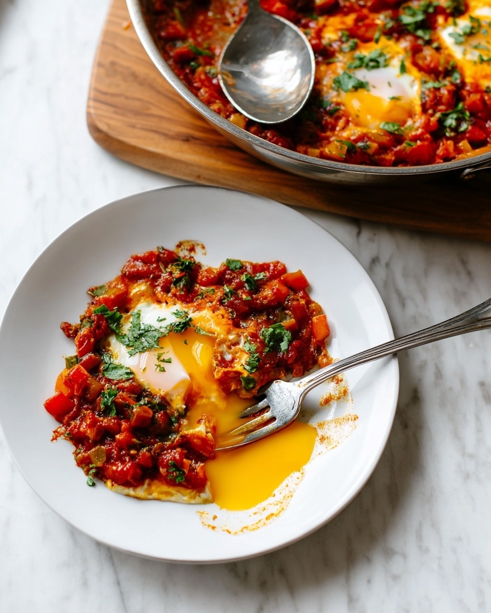 The image shows a white plate with two fried eggs sitting on a chunky reddish tomato sauce mixed with diced vegetables and green herbs scattered on top. One egg's yolk is broken, oozing bright yellow liquid that blends with the thick tomato sauce. A silver fork is placed on the plate, resting on the yolk and sauce, with some sauce stains visible on the tines. In the background, a round metal pan filled with more tomato sauce and eggs is placed on a wooden board on a white marbled surface. The pan has a shiny silver spoon resting inside the sauce. The photo taken with an iphone --ar 4:5 --v 7