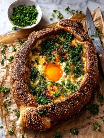 Sesame Khachapuri with Herb-Infused Cheese, Egg, and Honey Butter Sauce Recipe