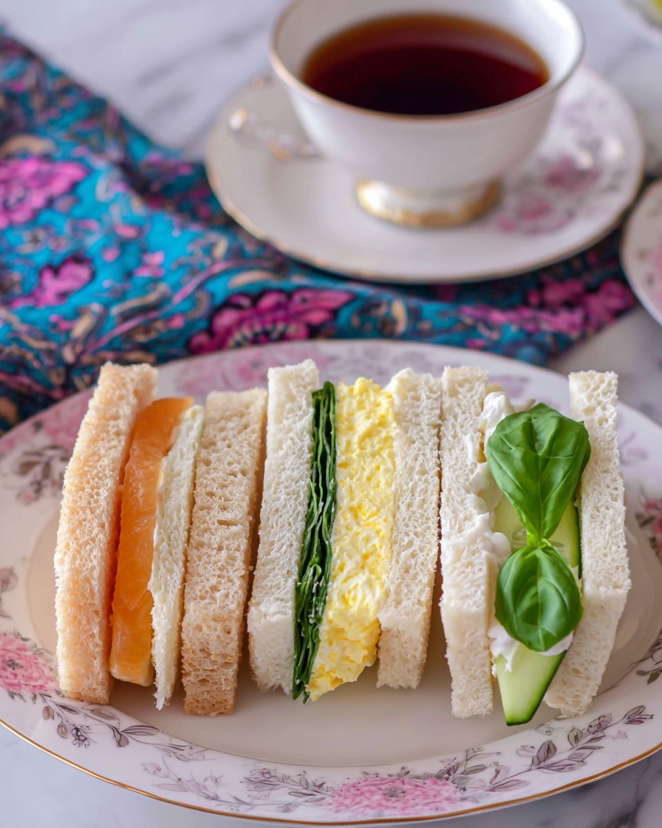The image shows a large white plate with a floral pink and gold pattern filled with three types of finger sandwiches arranged in three sections: the first section has whole wheat bread sandwiches with pink filling and cream cheese, the second section has white bread sandwiches with egg salad and leafy greens in the middle, and the third section has small square white bread sandwiches topped with fresh green basil leaves. Around the plate, there is a cup of dark tea and a white teapot with a floral pattern on a white marbled surface that has a colorful purple and blue patterned cloth partially underneath. Photo taken with an iphone --ar 4:5 --v 7