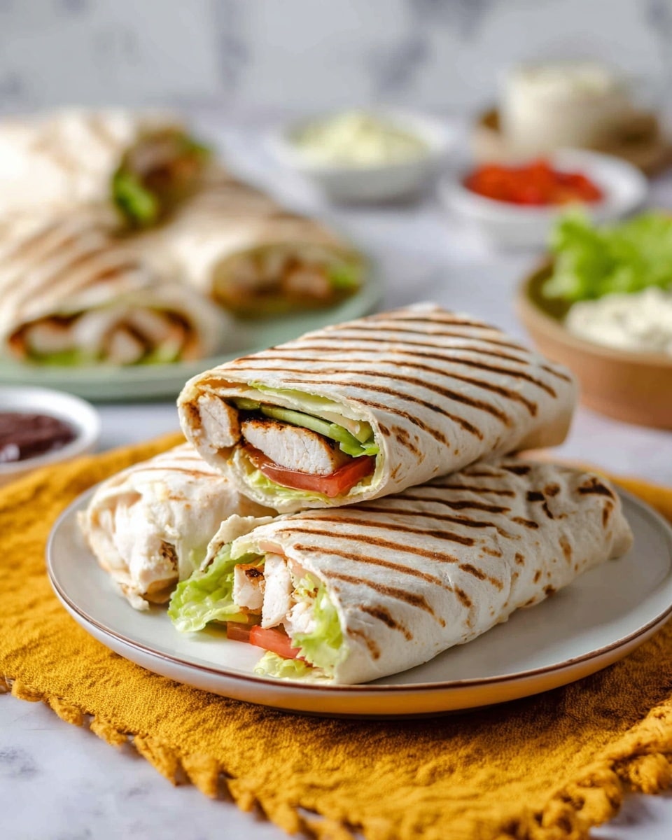 The image shows a stack of four grilled wraps on a white plate, placed on a yellow cloth on a white marbled surface. Each wrap has light brown grill marks across the top. The top wrap is cut in half, showing three layers inside: white grilled chicken pieces, green lettuce and cucumber, and thin slices of red tomato. The wraps are folded neatly with rounded edges. In the background, there are more whole wraps on another plate and small bowls with sauces or dips, all on the white marbled texture. Photo taken with an iphone --ar 4:5 --v 7