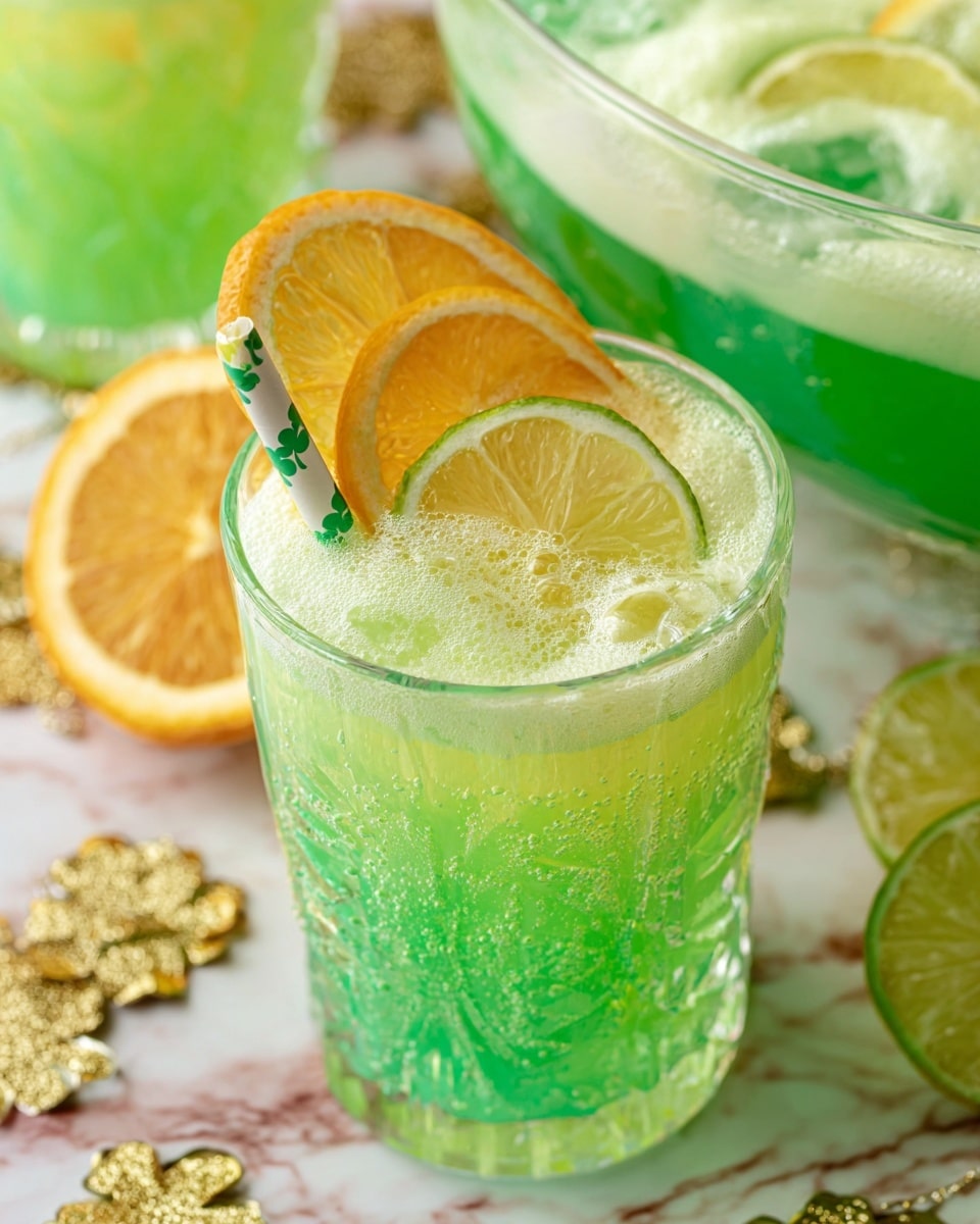 The image shows a glass filled with a bright green sparkling drink with bubbles visible throughout. On top, there is a layer of light green and pale yellow foam, giving a soft texture. The glass is clear with a decorative pattern and holds a white straw with green clover prints. The rim of the glass is garnished with thin slices of lime and orange, stacked at an angle. Around the glass, there are gold and green glittery decorations on a white marbled surface, and just behind the glass, part of a white bowl or punch bowl filled with the same green drink and a mix of similar light foams is visible. photo taken with an iphone --ar 4:5 --v 7