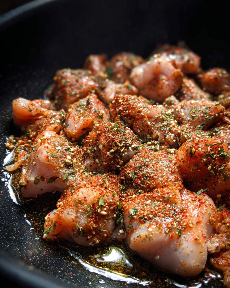 The image shows many pieces of raw chicken with spices on them, placed in a black pan with oil. The chicken pieces are light pink with a mix of reddish and brown seasoning, along with green herbs sprinkled on top. The oil glistens around the chicken, reflecting light, and the pan surface looks shiny and slightly oily. The background is dark, focusing fully on the pan and chicken. photo taken with an iphone --ar 4:5 --v 7
