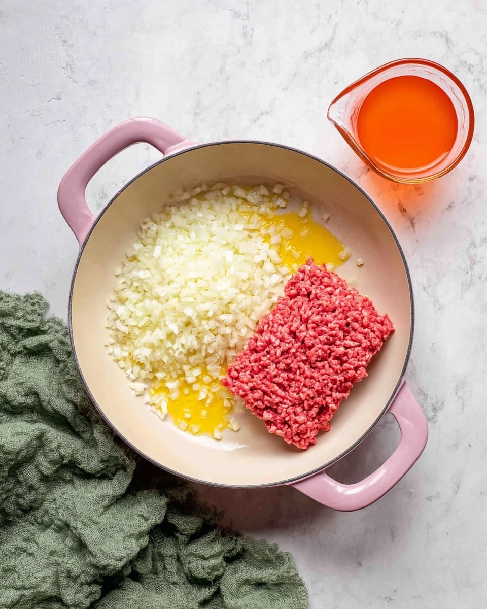 A large white pan with pink handles sits on a white marbled surface; inside the pan, there are three layers close to each other: finely chopped white onions spread out on the left side, minced bright red raw meat shaped in a rectangular block on the right side, and small pools of yellow oil scattered near the onions. To the right of the pan, there is a clear glass container filled with an orange-red liquid. To the left of the pan, a wrinkled green cloth is partially visible. Photo taken with an iphone --ar 4:5 --v 7