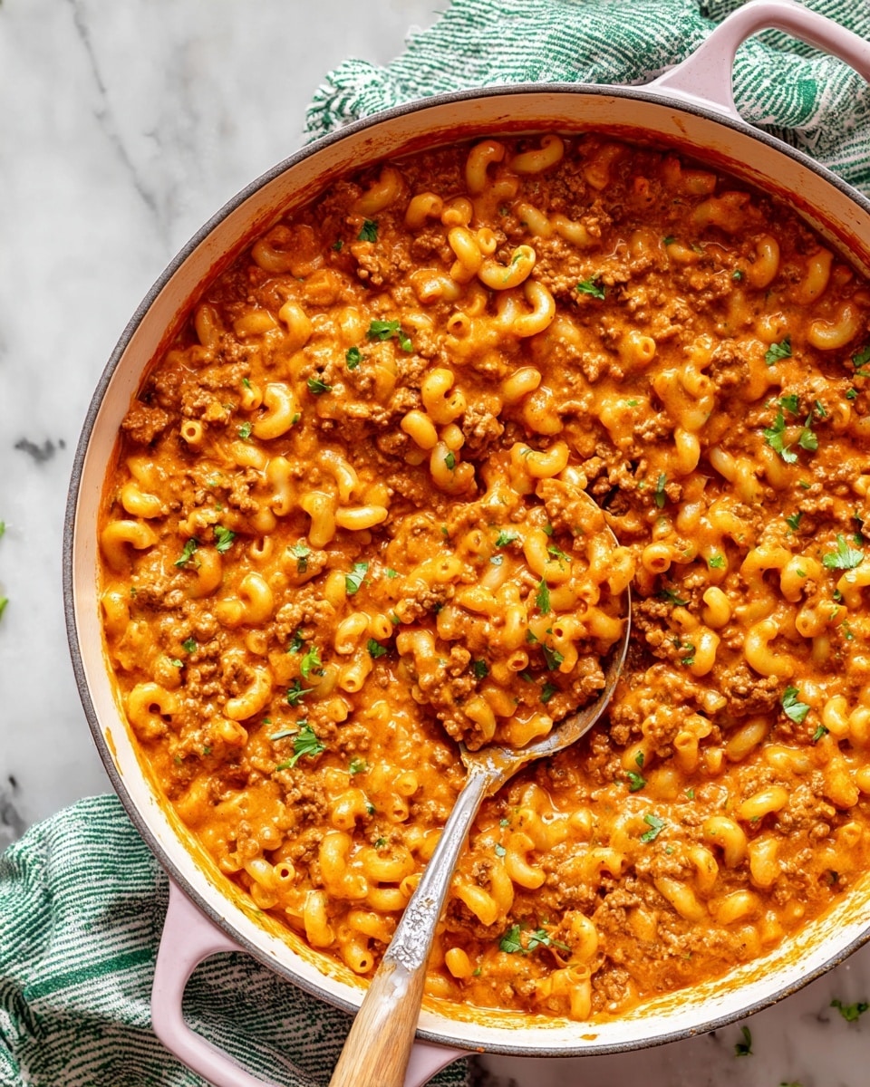 A large white round pan filled with a thick mix of elbow macaroni and ground meat in a creamy orange sauce, with small bits of green herbs scattered on top. The pasta and meat layers are mixed evenly, showing a soft and hearty texture with a slight shine from the sauce. A silver spoon with a wooden handle is scooping a portion from near the center, slightly lifting the mix to reveal the creamy inside. The pan has light pink handles and sits on a white marbled surface, with a green and white striped cloth next to it. Photo taken with an iphone --ar 4:5 --v 7