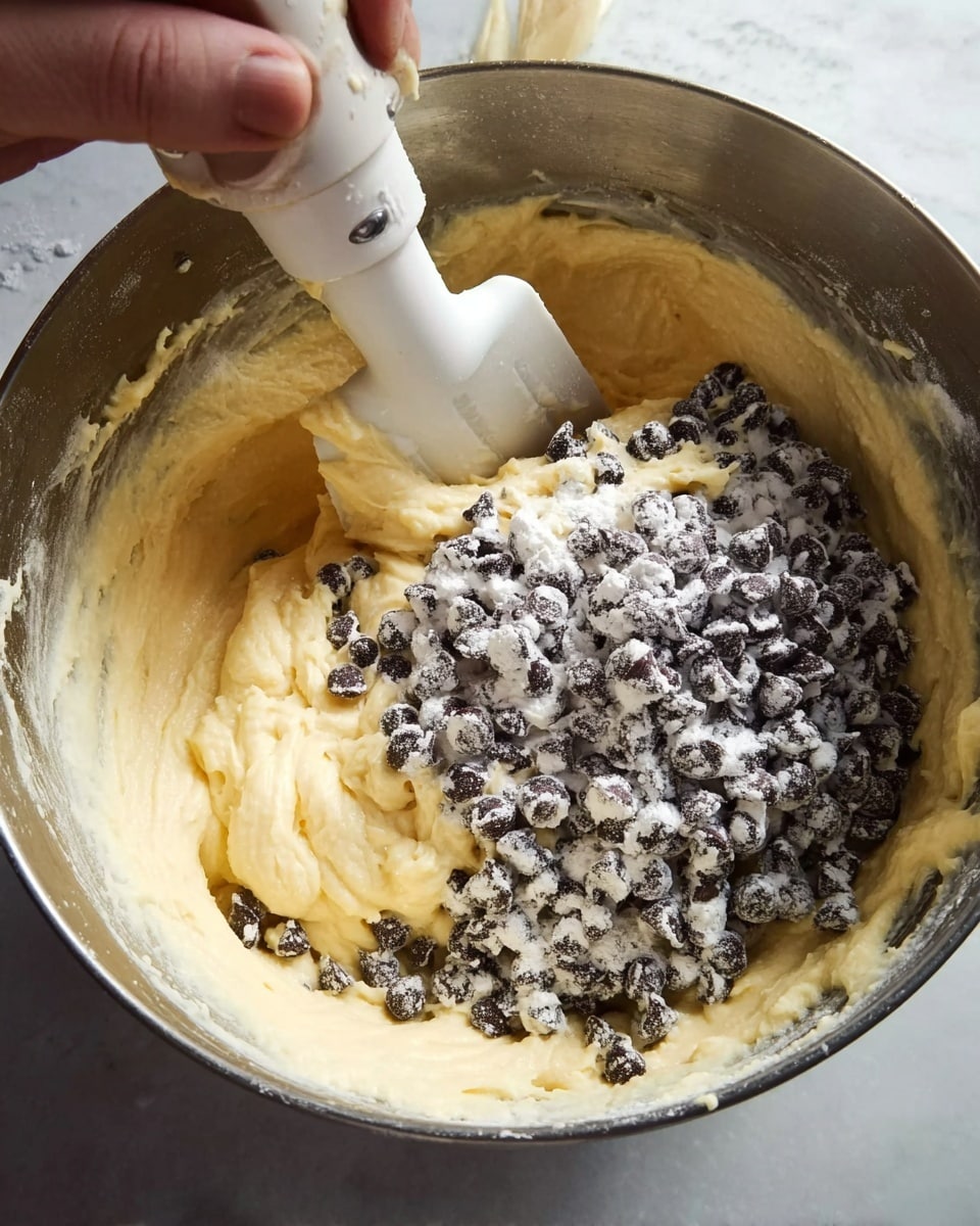A close-up photo shows a large metal mixing bowl filled with creamy yellow batter. On top of the batter, there is a large amount of small, round, dark chocolate chips, covered lightly with white flour. A white spatula is held by a woman's hand, partially submerged in the batter, ready to mix the ingredients together. Above the bowl, the mixing attachment still has some thick batter clinging to it. The scene includes a white marbled surface in the background. photo taken with an iphone --ar 4:5 --v 7