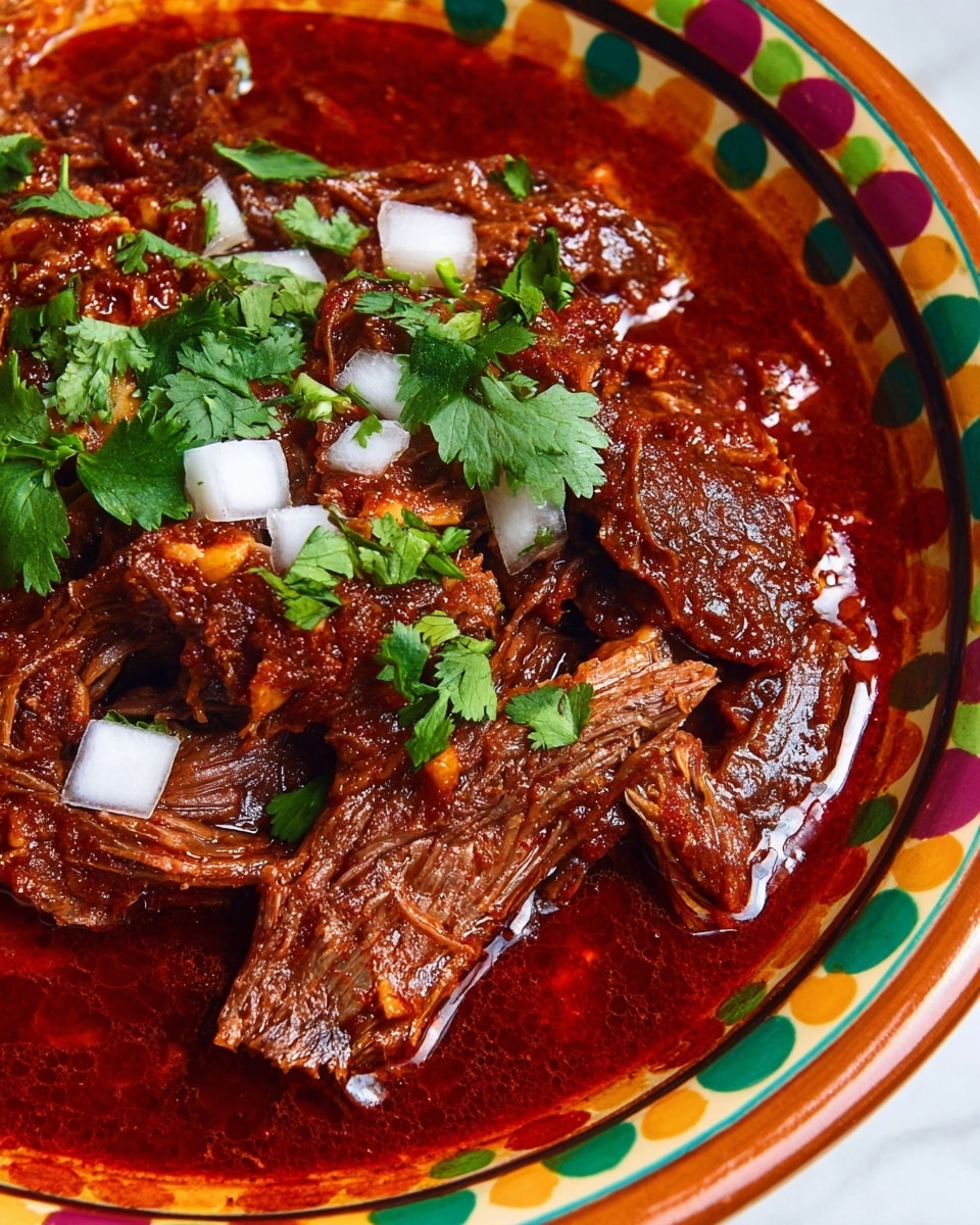 Close-up of a dish with several layers of dark red shredded meat soaked in a rich, oily red sauce that fills the bottom of the white bowl. The meat has a textured, fibrous look with some oily shine. Scattered on top are small white onion cubes and bright green cilantro leaves, adding contrast to the deep red sauce. The white bowl has a colorful, traditional pattern visible on its rim with dots and green shapes. The dish is set on a white marbled background, highlighting all the colors and textures photo taken with an iphone --ar 4:5 --v 7