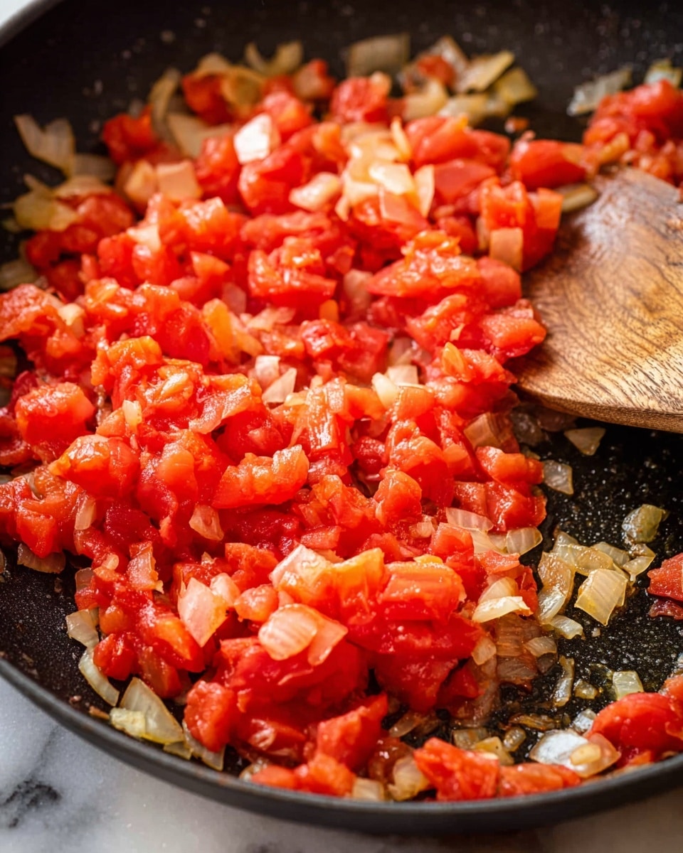 This image shows a close-up of a black pan with cooked diced onions and bright red chopped tomatoes mixed together. The onions are soft with a slight golden color while the tomatoes appear juicy and tender. There is a wooden spoon resting on the right edge of the pan, touching some of the tomatoes and onions. The background is a white marbled texture. photo taken with an iphone --ar 4:5 --v 7