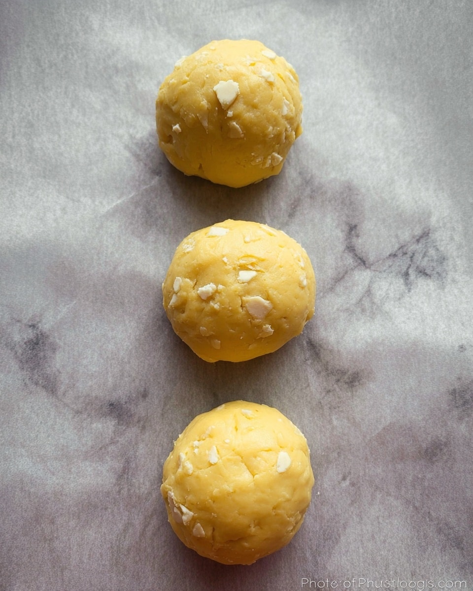 The image shows three round dough balls placed on a sheet of baking paper with a gray texture. Each dough ball is light yellow in color and has small white chunks mixed inside, giving a slightly bumpy surface. The dough balls are spaced evenly in a vertical line on the baking paper, with soft lighting highlighting their smooth, slightly glossy texture. The background is a white marbled surface. photo taken with an iphone --ar 4:5 --v 7