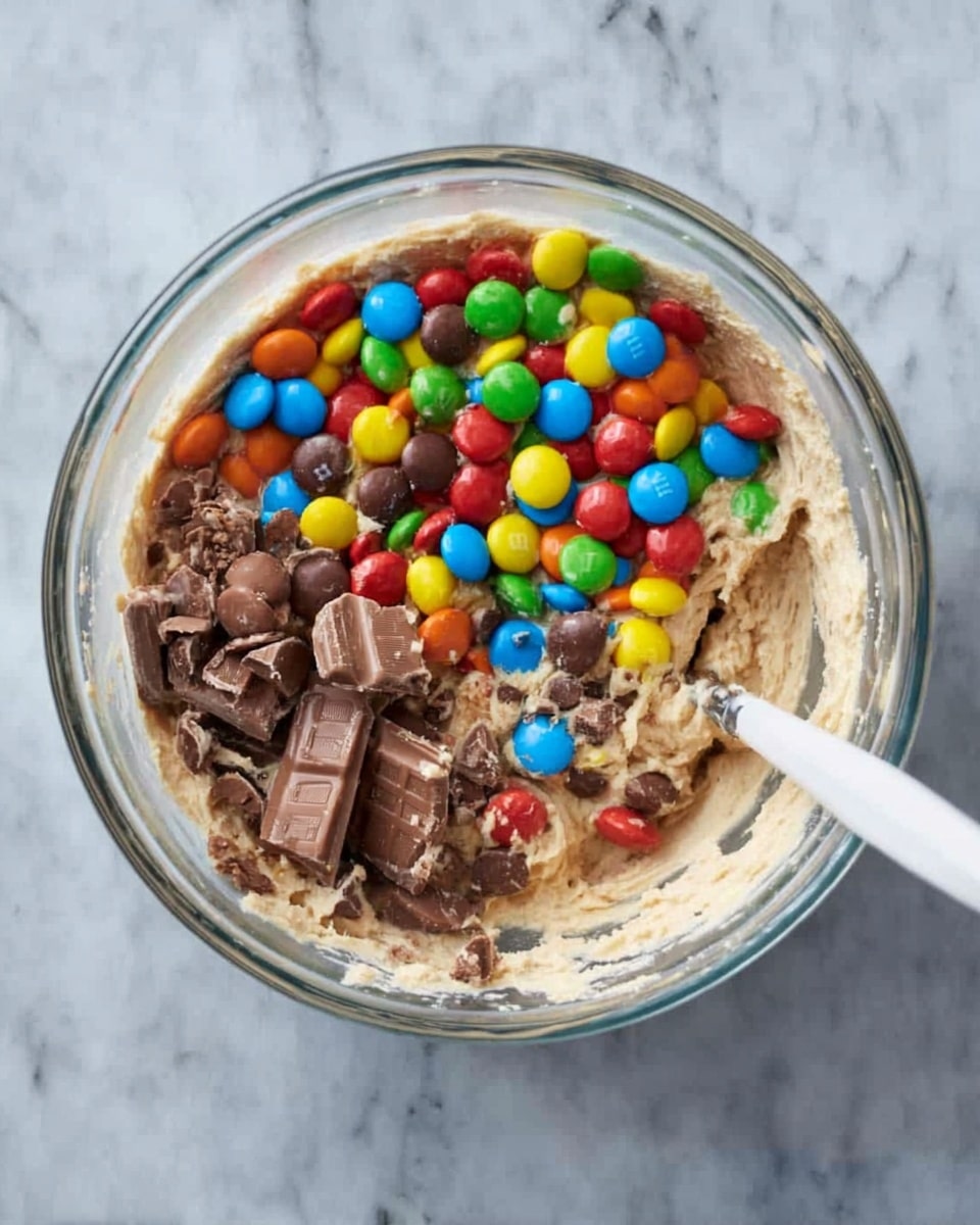 A clear glass bowl filled with a mixture that has multiple layers: the bottom layer is a light beige batter with a smooth texture, topped on one side with colorful candy-coated chocolate pieces in bright red, yellow, green, blue, and orange; the other side has broken pieces of milk chocolate bars with a rough texture. A white spoon rests inside the bowl, partially submerged in the mix. The bowl is placed on a white marbled surface. photo taken with an iphone --ar 4:5 --v 7
