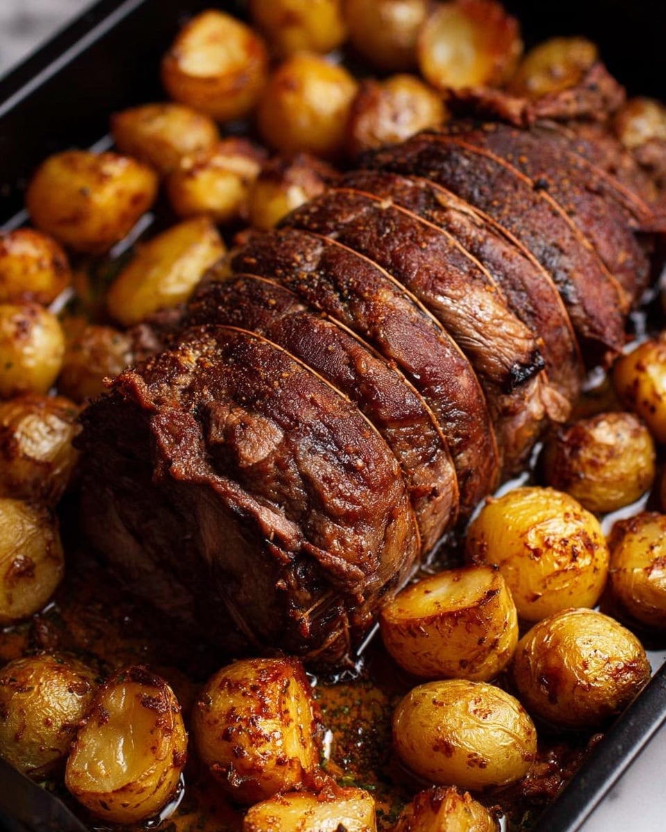 A close-up view of a dark browned roast meat tied with thin strings, placed in the center of a large black tray filled with small roasted golden-brown potatoes surrounding it. The roast has a textured, crispy crust with visible seasoning and charred spots, while the potatoes have a mix of crispy edges and soft insides, all sitting in a light glaze of oil or juices. The scene is warm and inviting, with a white marbled surface barely visible around the tray edges, photo taken with an iphone --ar 4:5 --v 7