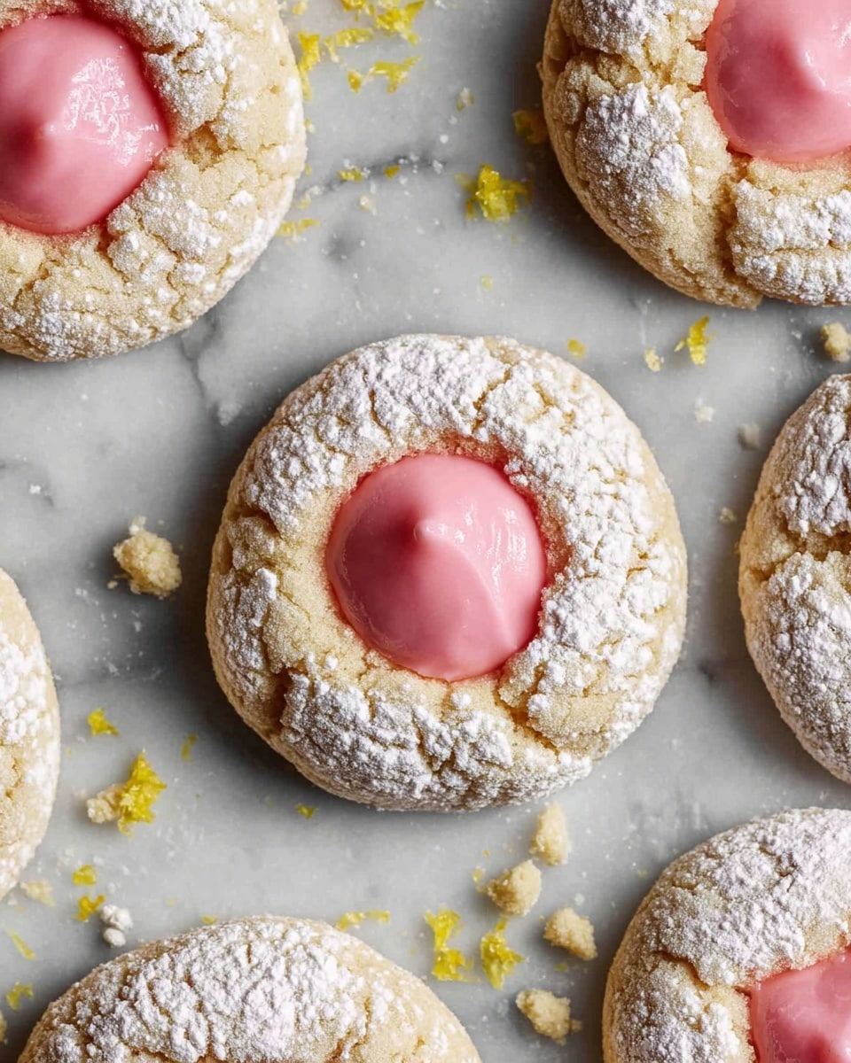 The image shows a group of round cookies arranged on a white marbled surface with a metal cooling rack partially visible underneath some of them. Each cookie has two layers: the base is a pale beige with a dusting of white powdered sugar on top, and in the center, there is a smooth, shiny circle of light pink icing. Scattered among the cookies are bright yellow lemon slices and deep red raspberries, adding color contrast. Small bits of cookie crumbs and lemon zest are also spread around, giving a natural, casual feel to the arrangement. photo taken with an iphone --ar 4:5 --v 7