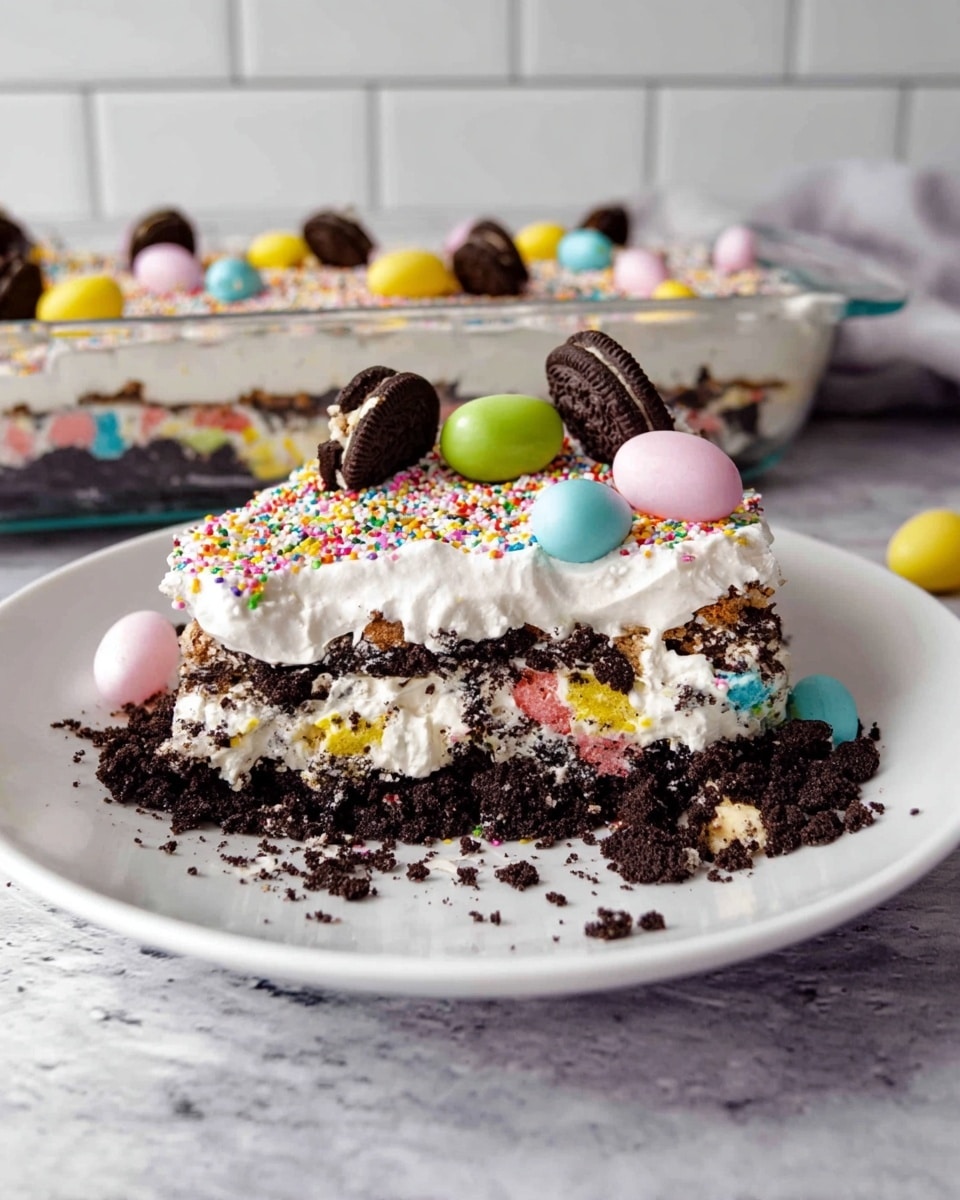 A clear glass dish filled with a creamy white layer topped with small bright sprinkles in pink, blue, yellow, orange, purple, and green, scattered all over. There are whole mini chocolate sandwich cookies evenly placed on top, along with colorful candy eggs in pastel pink, blue, yellow, and green. Crumbled chocolate cookie bits are spread in between the toppings, all sitting on a white marbled surface. Photo taken with an iphone --ar 4:5 --v 7
