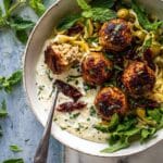 One-Skillet Greek Chicken Meatballs with Lemon Butter Orzo and Whipped Feta Recipe