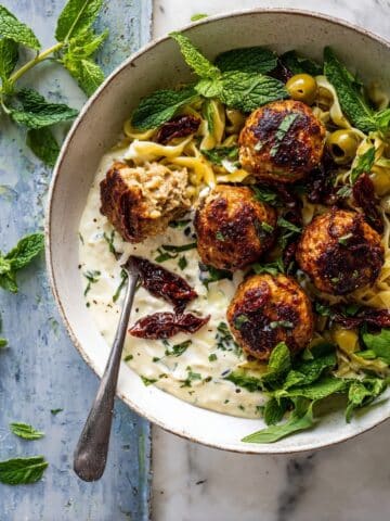 One-Skillet Greek Chicken Meatballs with Lemon Butter Orzo and Whipped Feta Recipe