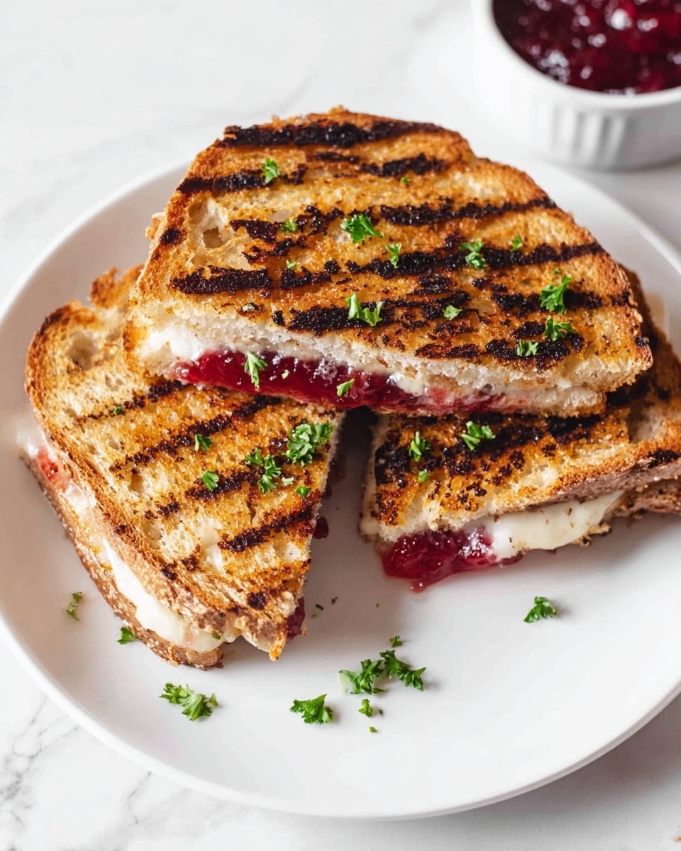 The image shows a grilled sandwich cut into three parts, placed on a white plate on a white marbled surface. The sandwich has two slices of toasted brown bread with visible grill lines and some burnt spots on top, garnished with small green parsley leaves. Inside the sandwich, there are two layers: a white melted cheese layer just beneath the top bread and a red jam layer below, slightly oozing out from the sides. A small white bowl with red jam is seen in the top right corner of the image, partially cropped. The colors are warm and the textures include the crunchy bread, soft cheese, and smooth jam. photo taken with an iphone --ar 4:5 --v 7