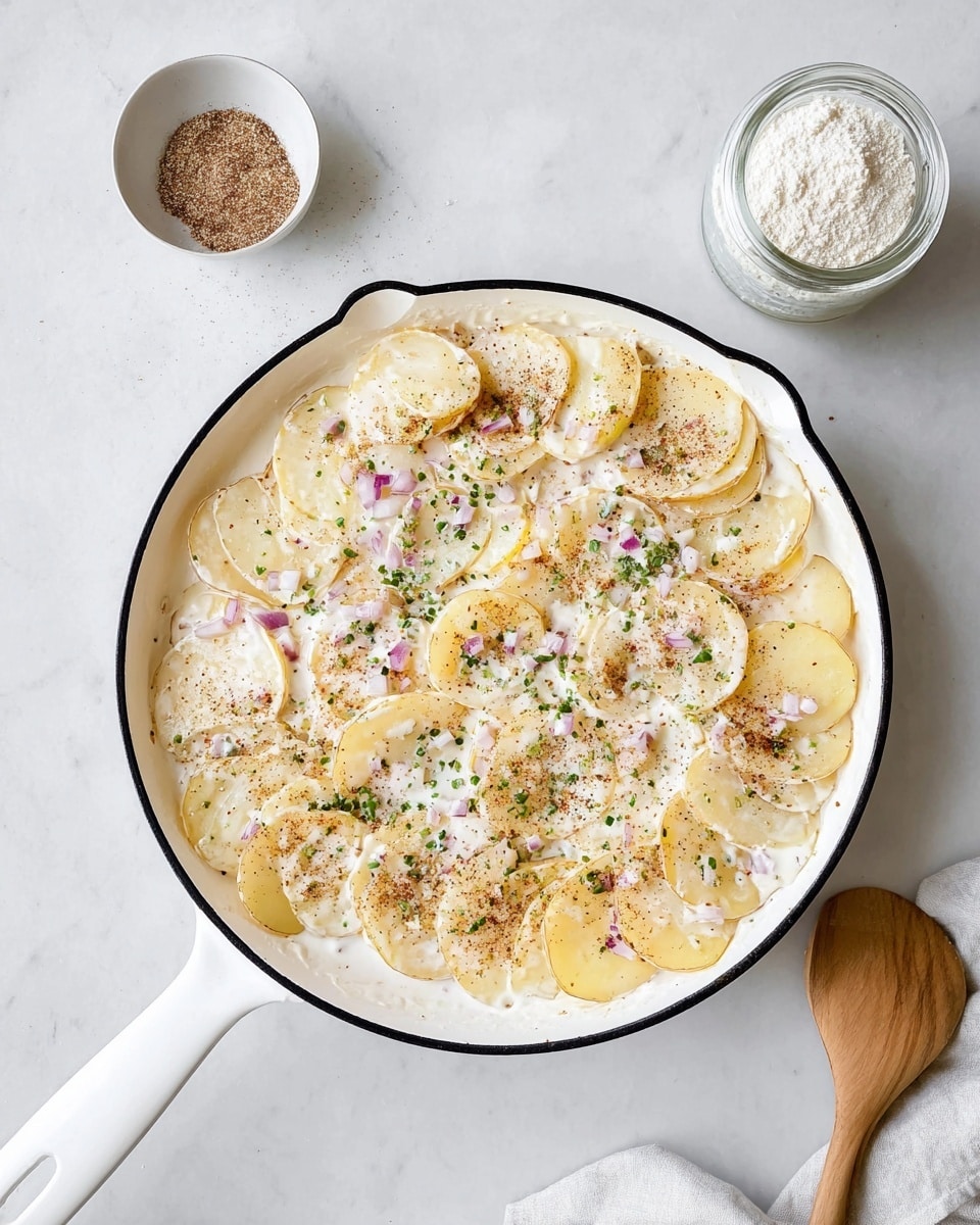 A white skillet filled with one visible layer of thinly sliced pale yellow potatoes, partially covered by a creamy white sauce. Small pieces of finely chopped purple onion and green herbs are sprinkled on top, along with light brown spices scattered over the dish. A small white bowl with ground spices and a glass jar filled with a white powder are placed on a white marbled surface next to the skillet. photo taken with an iphone --ar 4:5 --v 7